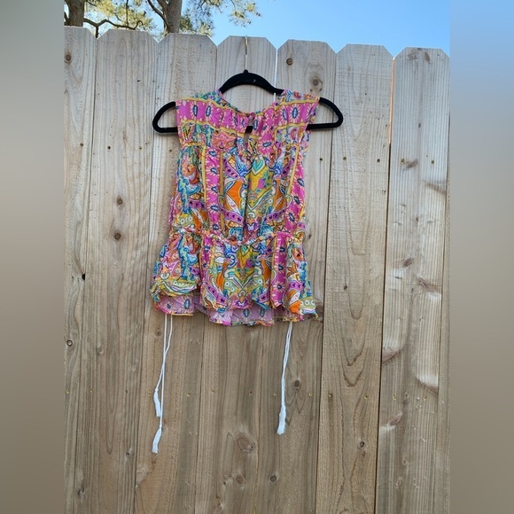 Small Rachel Zoe bright pink paisley sleeveless top w drawstring waist fairy - Picture 5 of 5